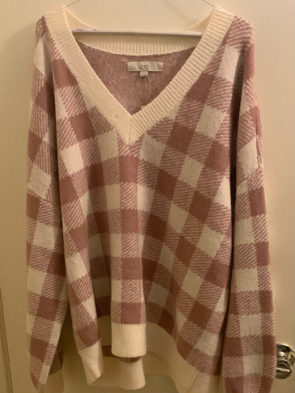 LOFT Pink and Cream Buffalo Plaid V-Neck Sweater